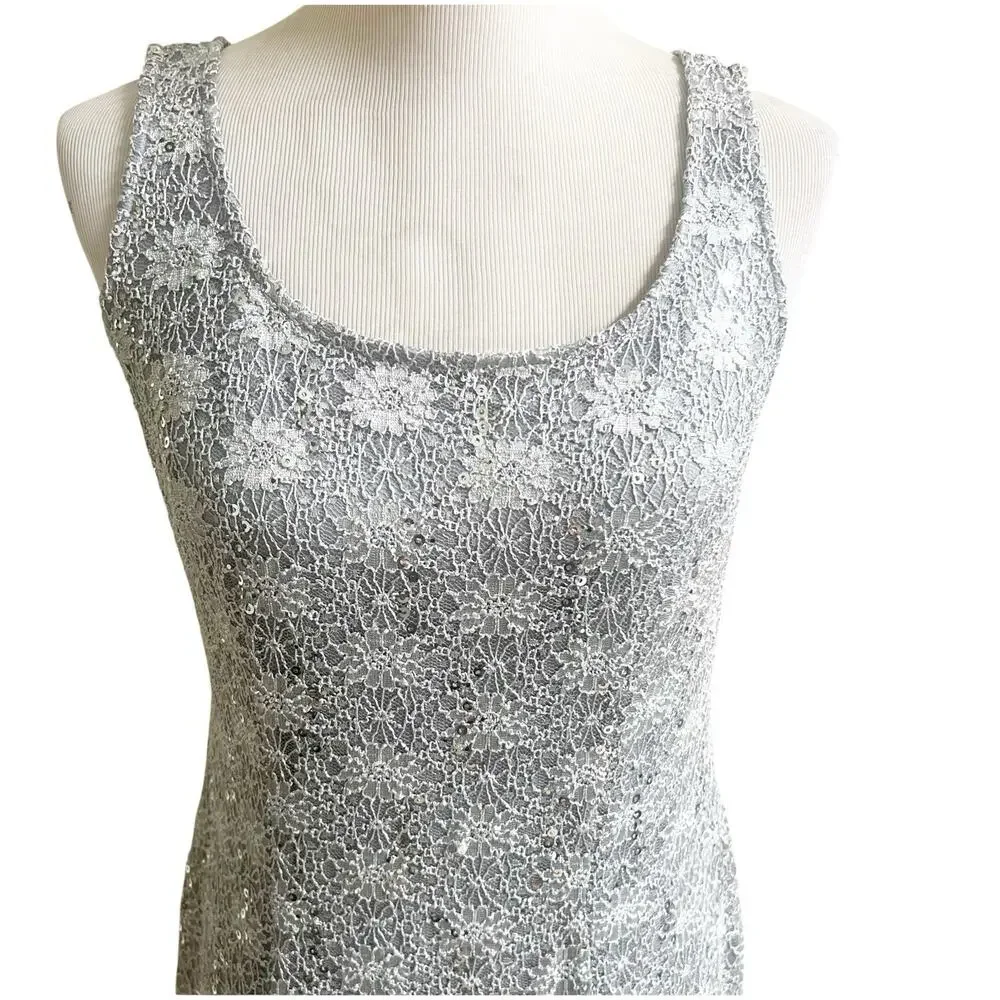 R&M Richards Vintage Sequin Maxi Dress Silver Size 8 Fairy Godmother Y2K 90’s